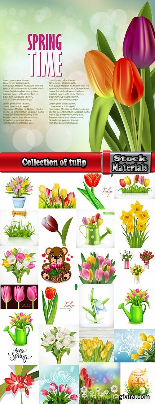 Collection of tulip snowdrop flower basket Spring warmth flyer banner card cover 25 EPS