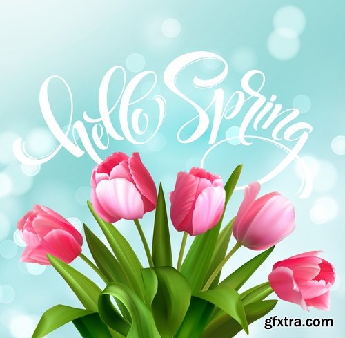 Collection of tulip snowdrop flower basket Spring warmth flyer banner card cover 25 EPS