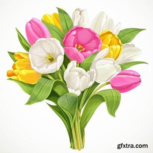 Collection of tulip snowdrop flower basket Spring warmth flyer banner card cover 25 EPS