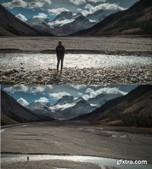 Aerial of woman by athabasca rive in jasper