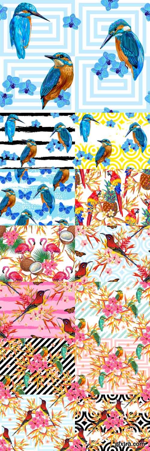 Vector Set - Seamless Summer Tropical Pattern with Birds