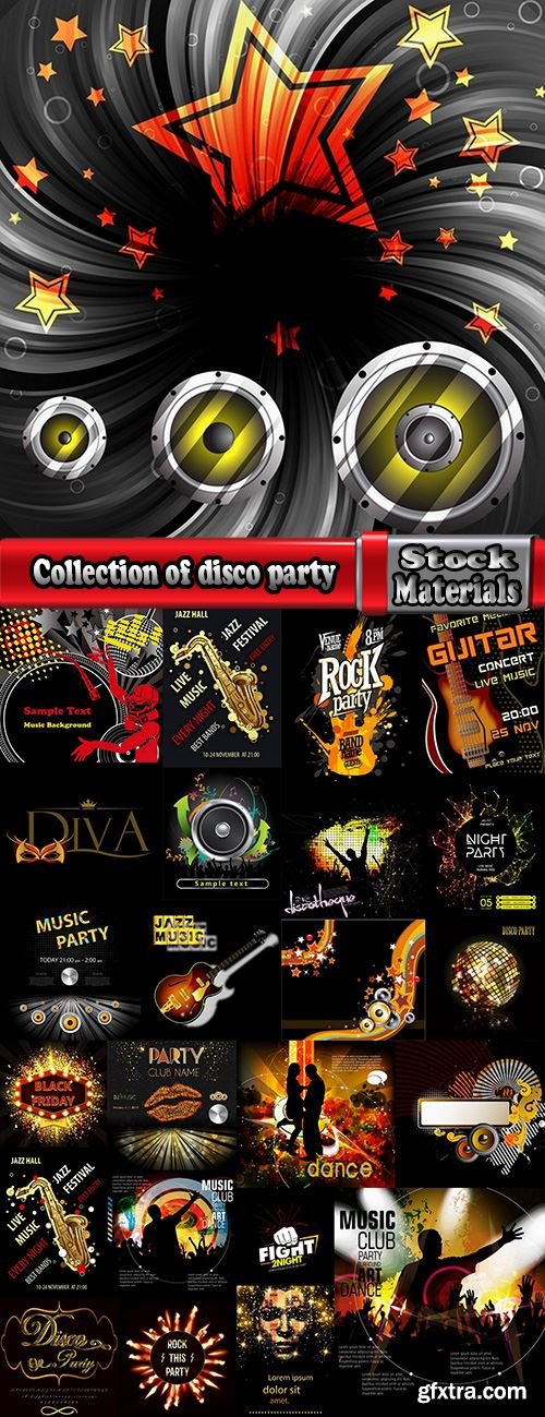 Collection of disco party flyer banner fireworks rock concert jazz guitar 24 EPS