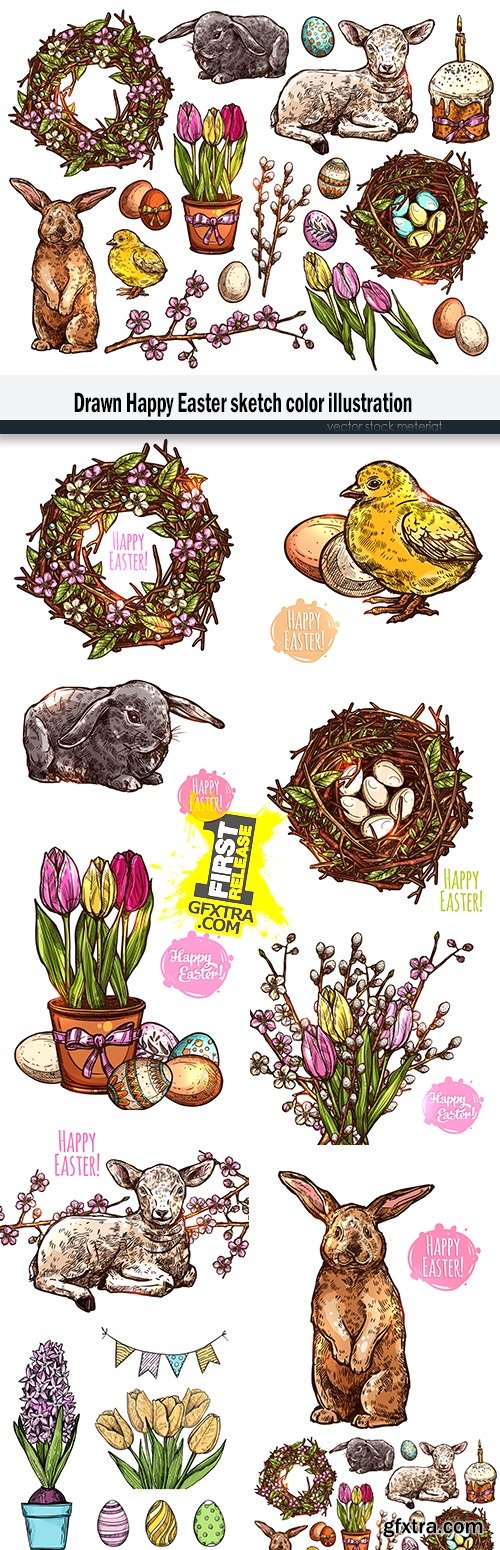 Drawn Happy Easter sketch color illustration