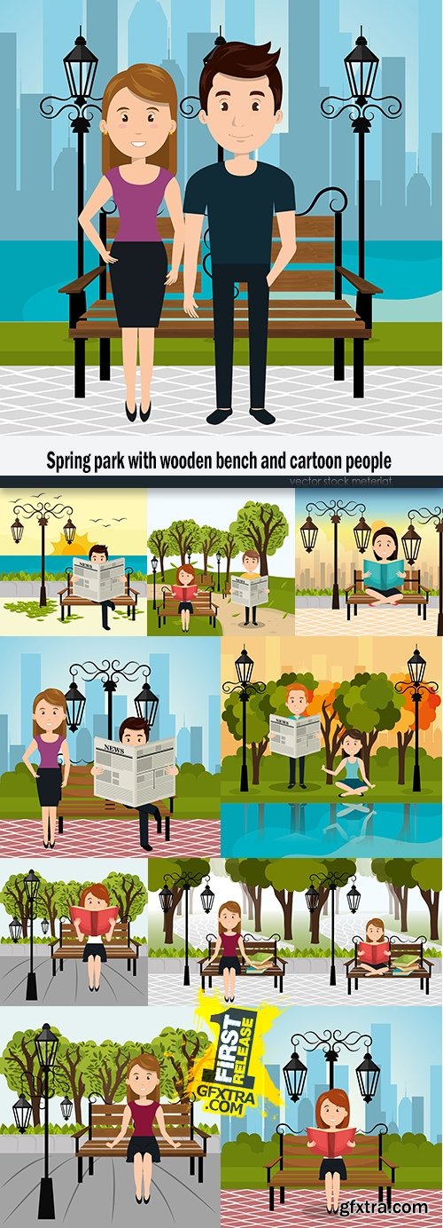 Spring park with wooden bench and cartoon people