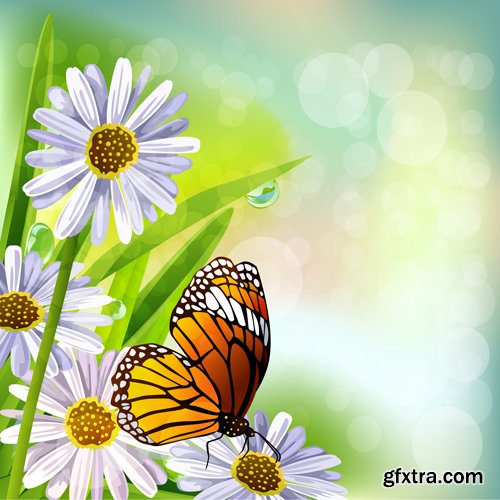 Spring vector background with flowers and butterflies