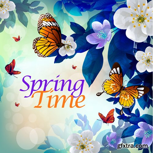 Spring vector background with flowers and butterflies