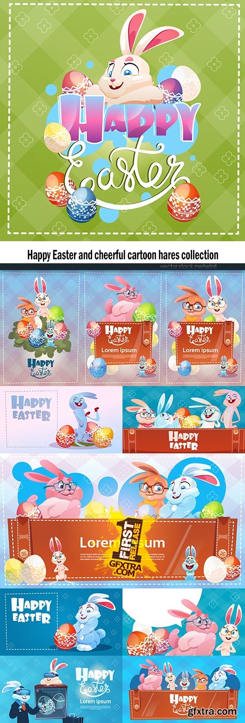 Happy Easter and cheerful cartoon hares collection