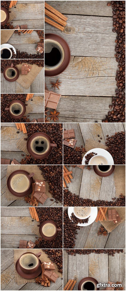 Coffee cup with spices and chocolate on wooden table texture 13X JPEG