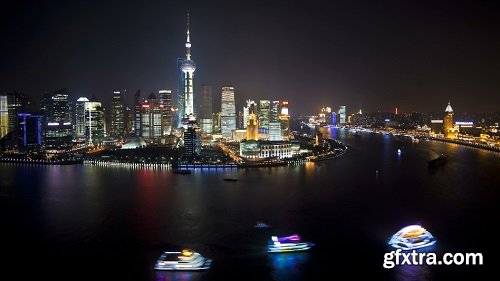 Pudong skyline elevated view across huangpu river from the bund shanghai