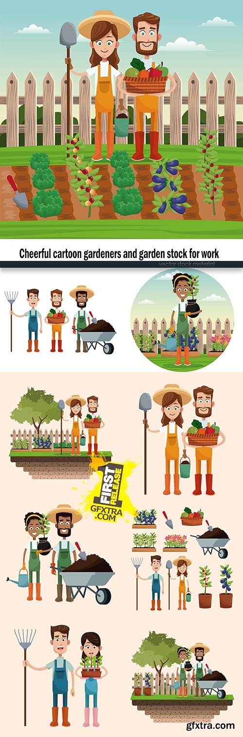 Cheerful cartoon gardeners and garden stock for work