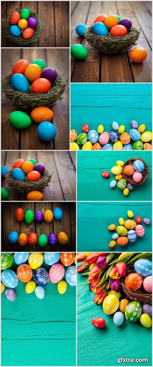 Easter eggs in basket placed on wooden planks 10X JPEG