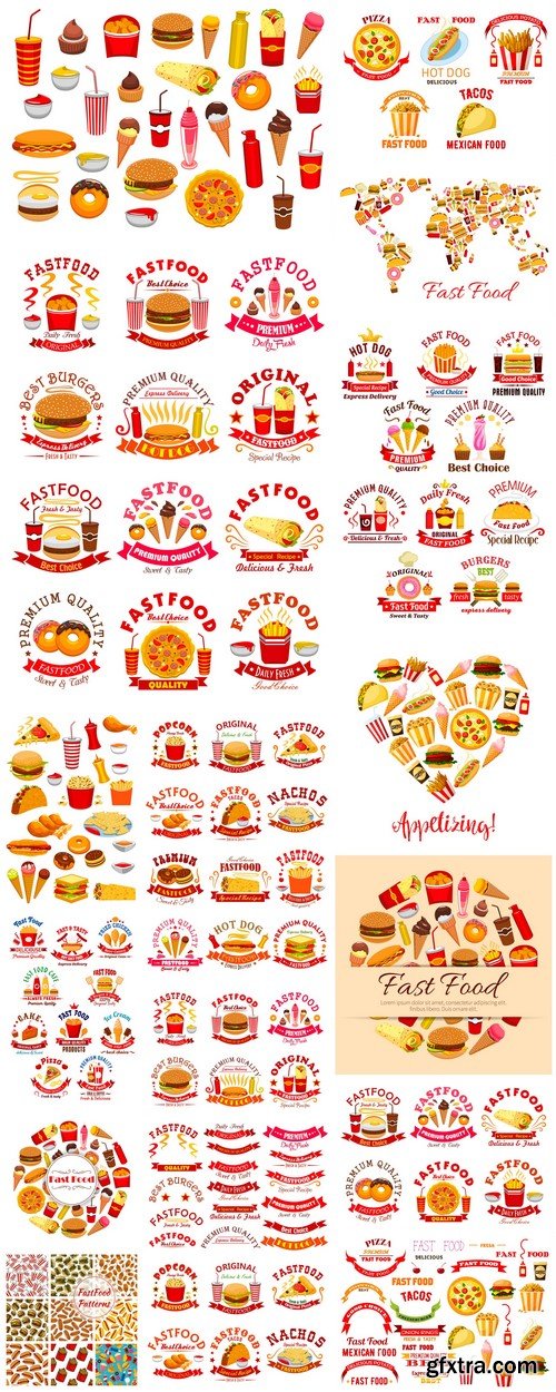 Fast food cafe badge set. American, mexican and italian fast food design 17X EPS