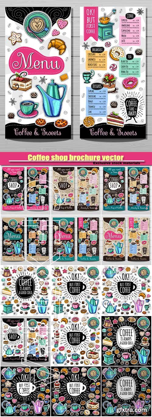 Coffee shop brochure vector, cafe menu design, coffee, desserts, tea, breakfast, cakes