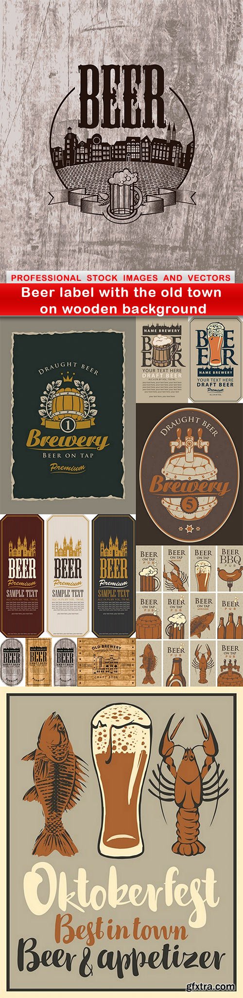 Beer label with the old town on wooden background - 10 EPS