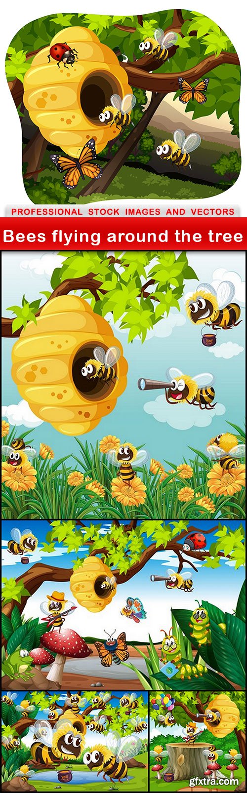 Bees flying around the tree - 5 EPS