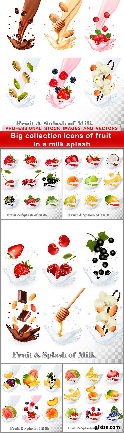 Big collection icons of fruit in a milk splash - 6 EPS