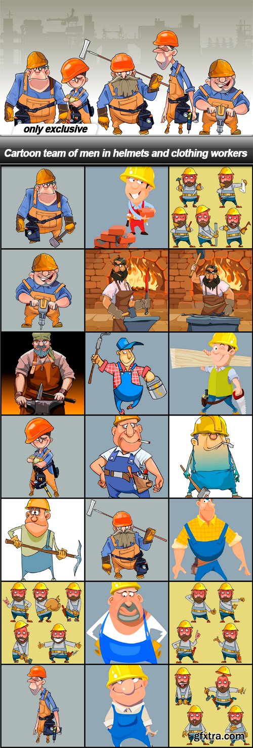 Cartoon team of men in helmets and clothing workers - 22 EPS