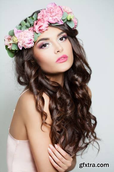 Brunette Woman with Curly Hair and Perfect Makeup - Fashion Model