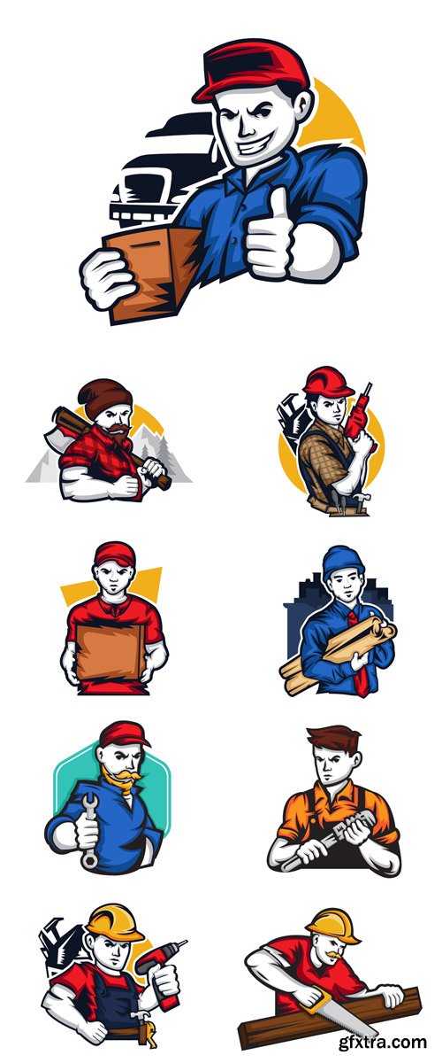 Vector Set - Modern Logos Workers in Cartoon Style