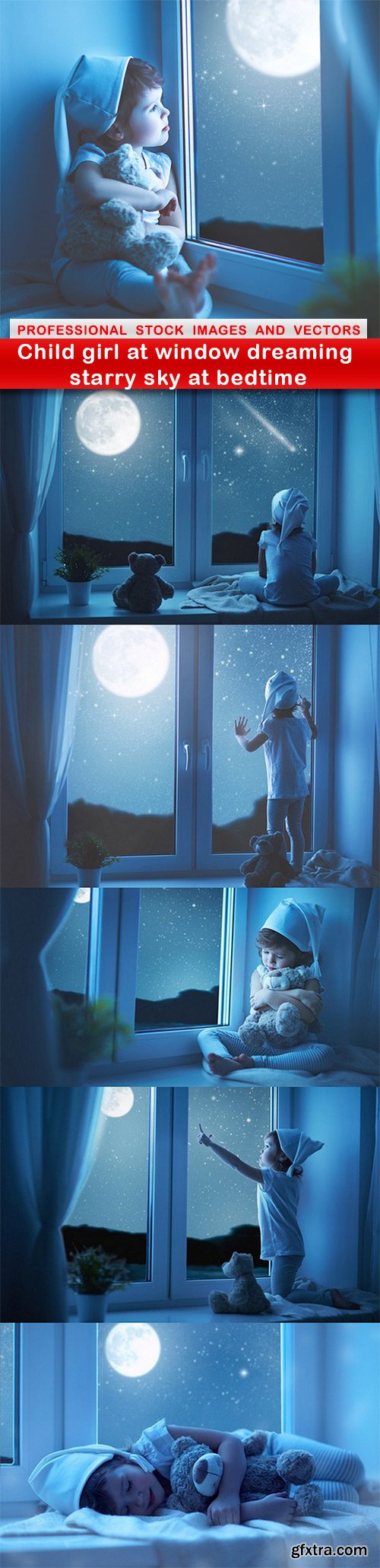 Child girl at window dreaming starry sky at bedtime - 6 UHQ JPEG