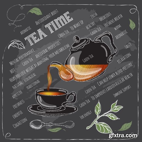 Collection of tea drink boiling water menu restaurant cafe flyer banner postcard cover 25 EPS