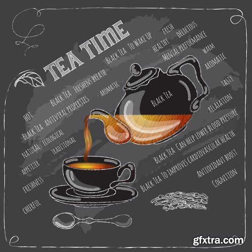 Collection of tea drink boiling water menu restaurant cafe flyer banner postcard cover 25 EPS