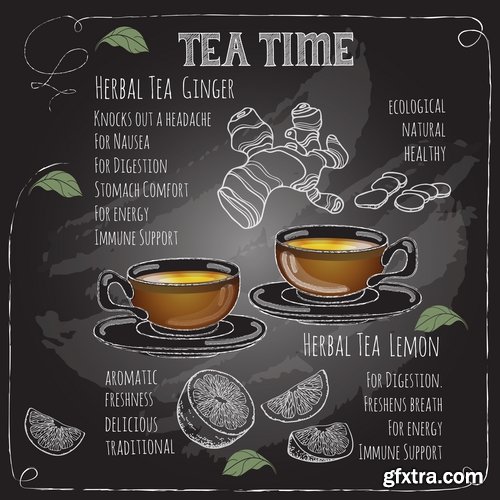 Collection of tea drink boiling water menu restaurant cafe flyer banner postcard cover 25 EPS