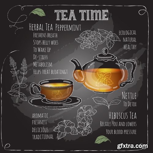 Collection of tea drink boiling water menu restaurant cafe flyer banner postcard cover 25 EPS