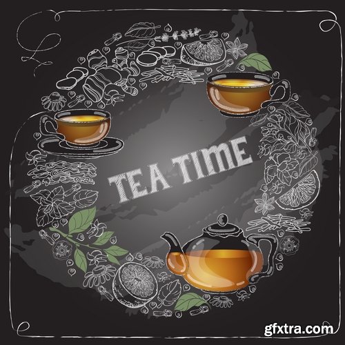 Collection of tea drink boiling water menu restaurant cafe flyer banner postcard cover 25 EPS