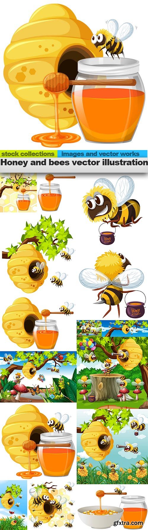 Honey and bees vector illustration, 15 x EPS