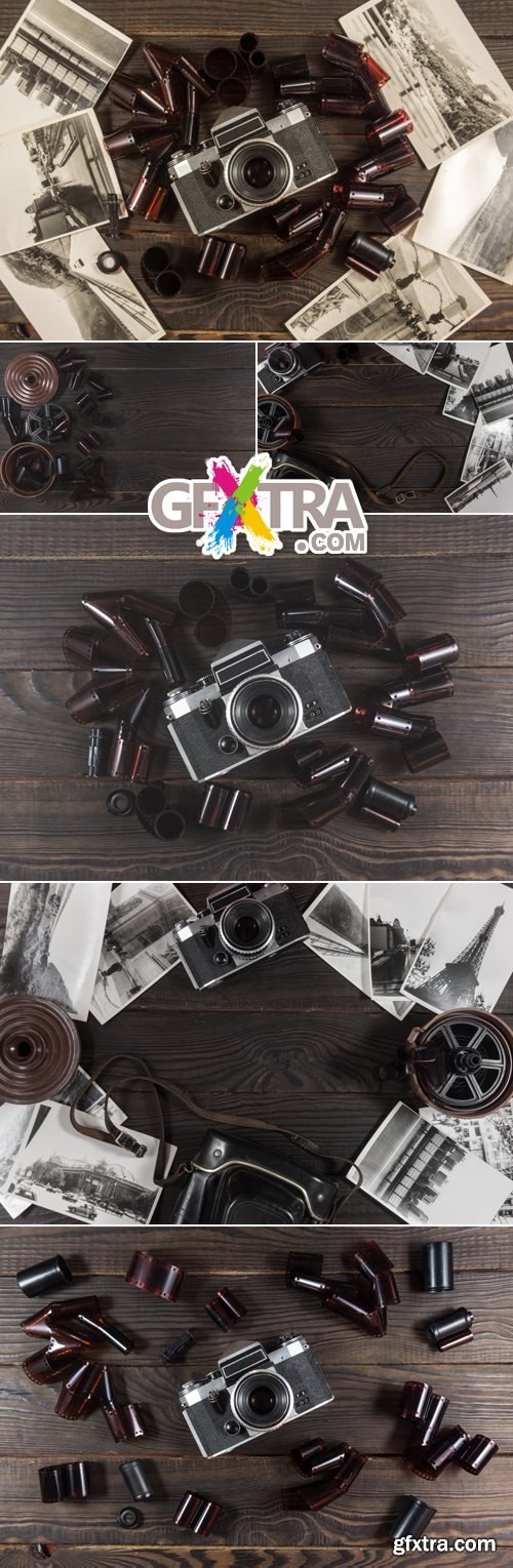 Stock Photo - Old Camera on Wooden Background