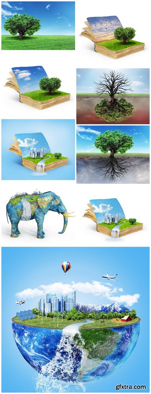 Eco concept Solar energy town, wind energy 9X JPEG