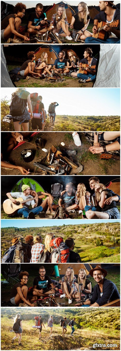 Camping Friends sitting near bonfire, smiling, playing guitar 8X EPS