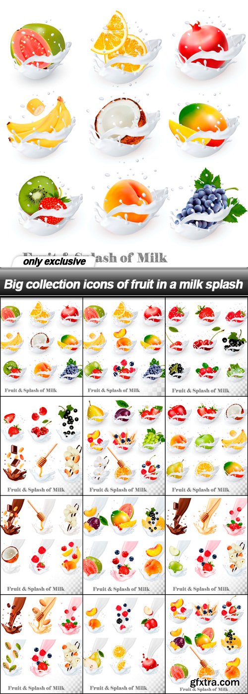 Big collection icons of fruit in a milk splash - 12 EPS