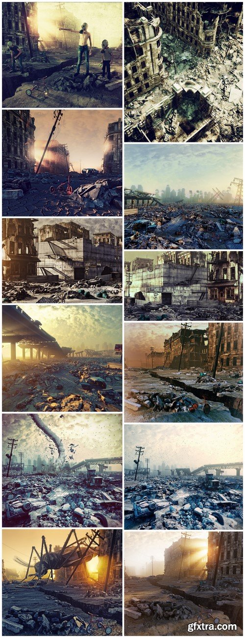 Ruins of a city Apocalyptic landscape 12X JPEG