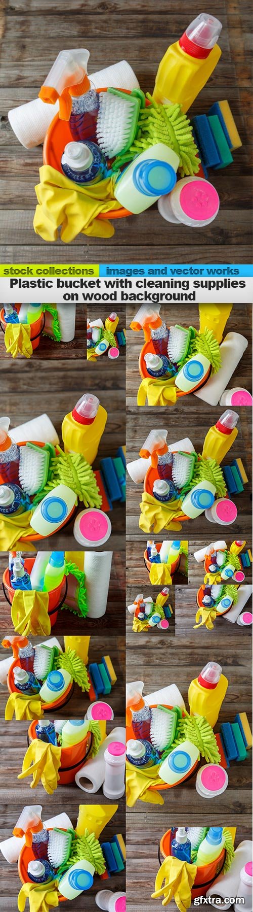 Plastic bucket with cleaning supplies on wood background, 15 x UHQ JPEG