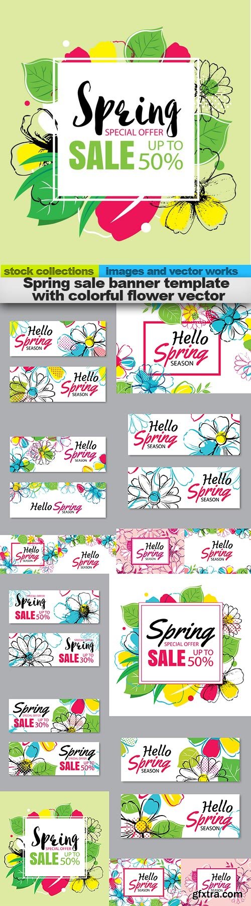 Spring sale banner template with colorful flower vector, 15 x EPS