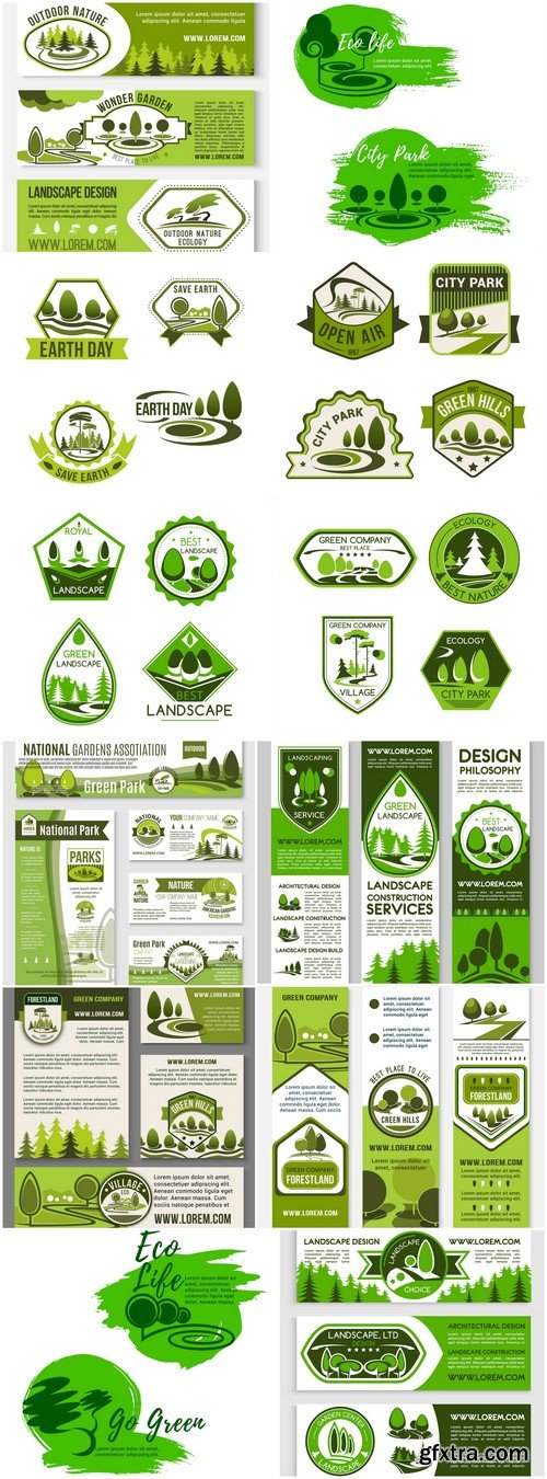 Landscape design and nature gardening vector banners 12X JPEG