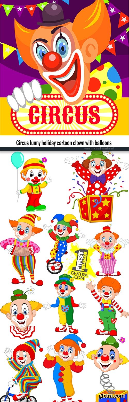 Circus funny holiday cartoon clown with balloons