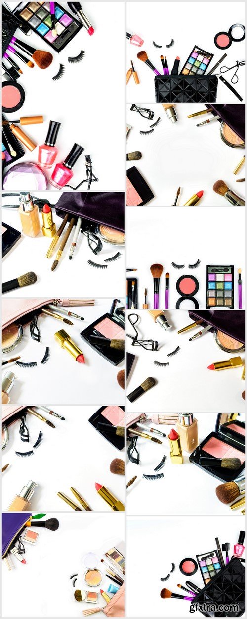 Makeup bag with cosmetics and brushes isolated on white 11X JPEG