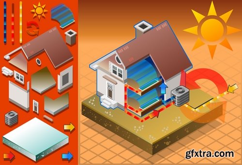 Collection isometric infographics house icon alternative energy heat fuel 24 EPS