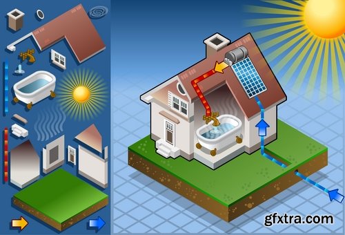 Collection isometric infographics house icon alternative energy heat fuel 24 EPS