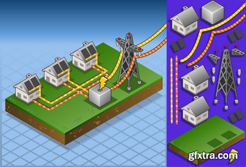 Collection isometric infographics house icon alternative energy heat fuel 24 EPS