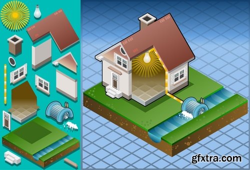 Collection isometric infographics house icon alternative energy heat fuel 24 EPS