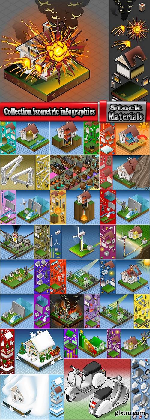 Collection isometric infographics house icon alternative energy heat fuel 24 EPS