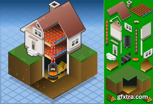 Collection isometric infographics house icon alternative energy heat fuel 24 EPS