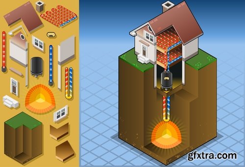 Collection isometric infographics house icon alternative energy heat fuel 24 EPS