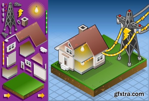 Collection isometric infographics house icon alternative energy heat fuel 24 EPS