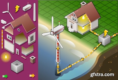 Collection isometric infographics house icon alternative energy heat fuel 24 EPS