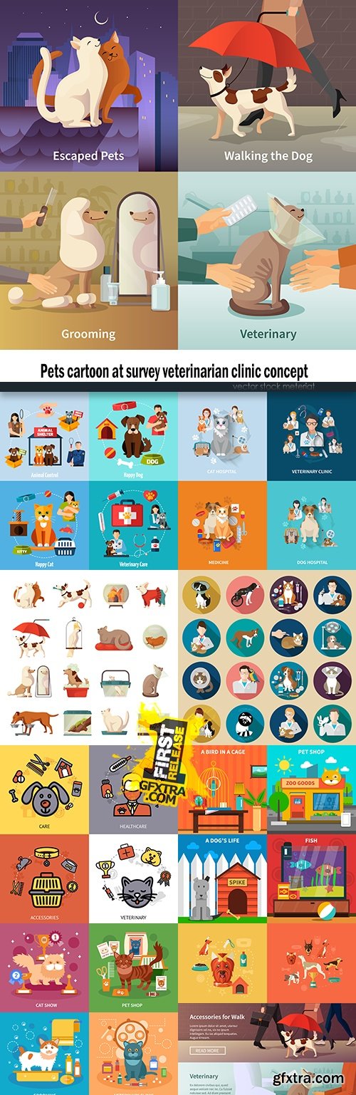 Pets cartoon at survey veterinarian clinic concept